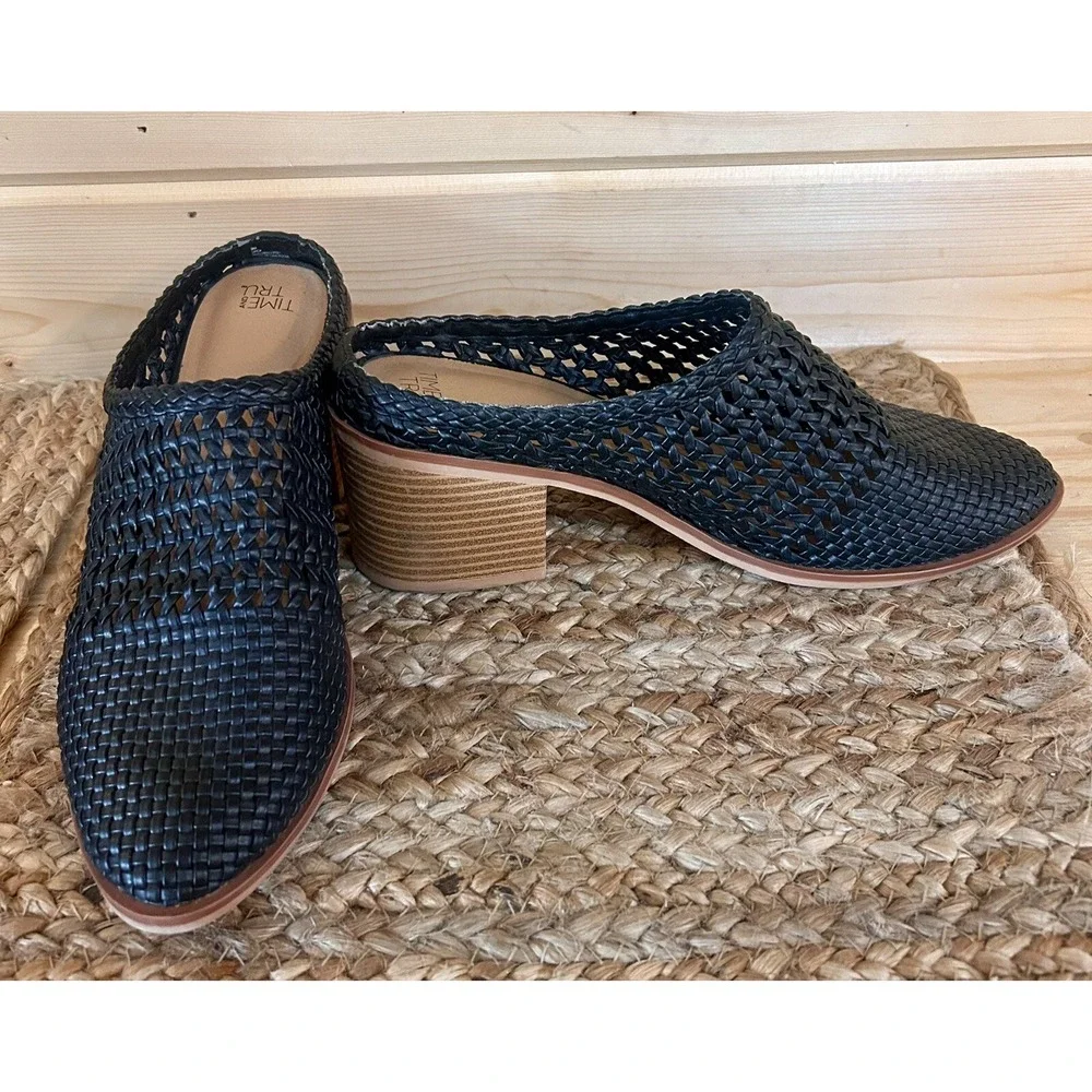 Time & True Mules Shoes Womens Size 9 Open Weave Stack Heel Clog Slides Black